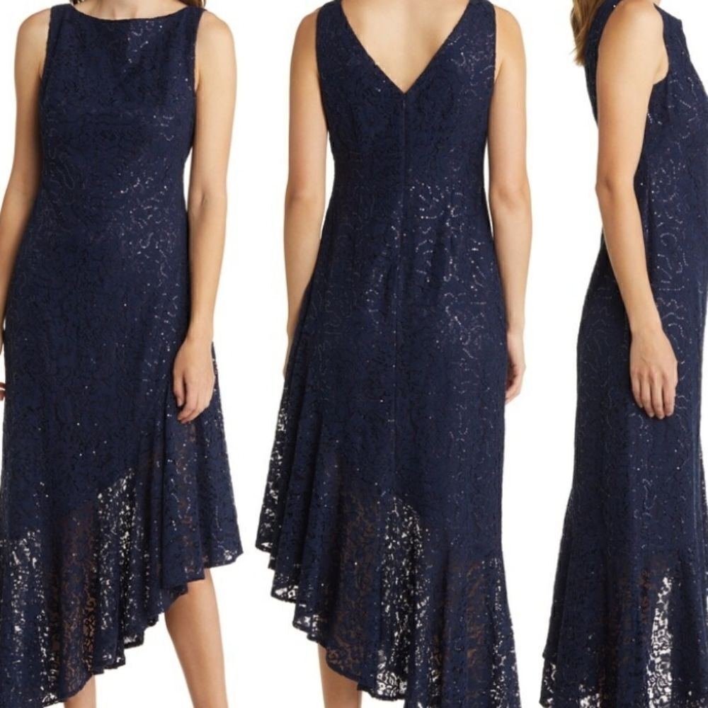Eliza J Sequin Lace Asymmetric Hem Cocktail Dress Size 6 NWT